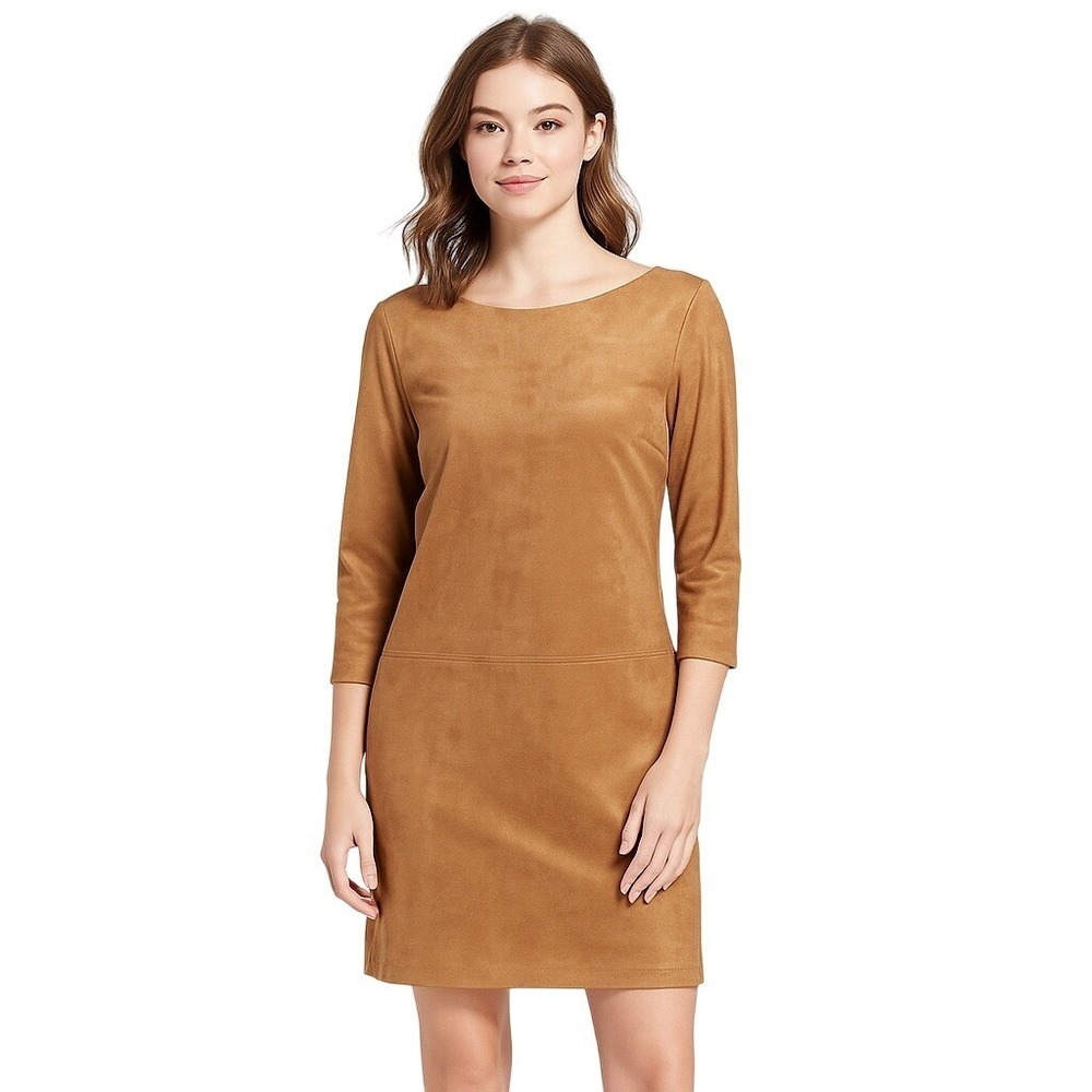 David Warren New York Brown Faux Suede Boat Neck 3/4 Sleeve Shift Dress 10 New